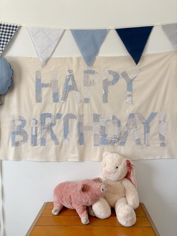 Fabric Happy Birthday Banner | Cottagecore Heirloom Party Decor | blue patchwork boy room decor