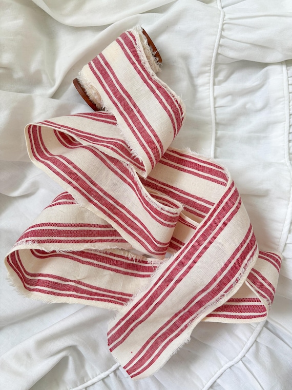 Red Striped Cotton Ribbon – Hand Torn Frayed Edges, Wooden Spool (2" x 4 Yards)