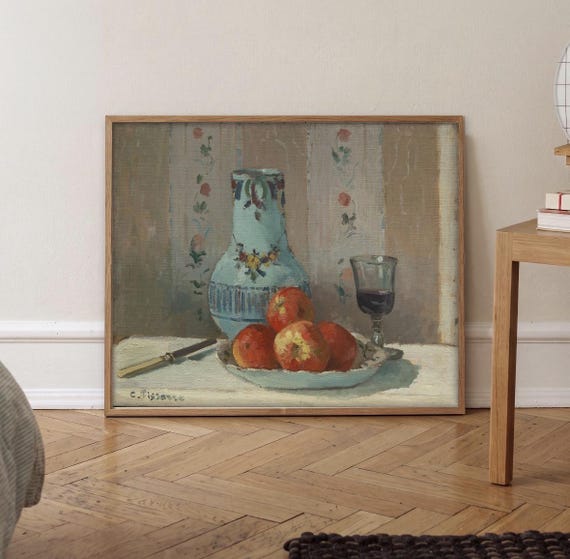 Pissarro Still Life Print, Apples and Pitcher Painting, Vintage Kitchen Wall Art, Impressionist Fruit Art, French Country Decor, 5x7 8x10 11