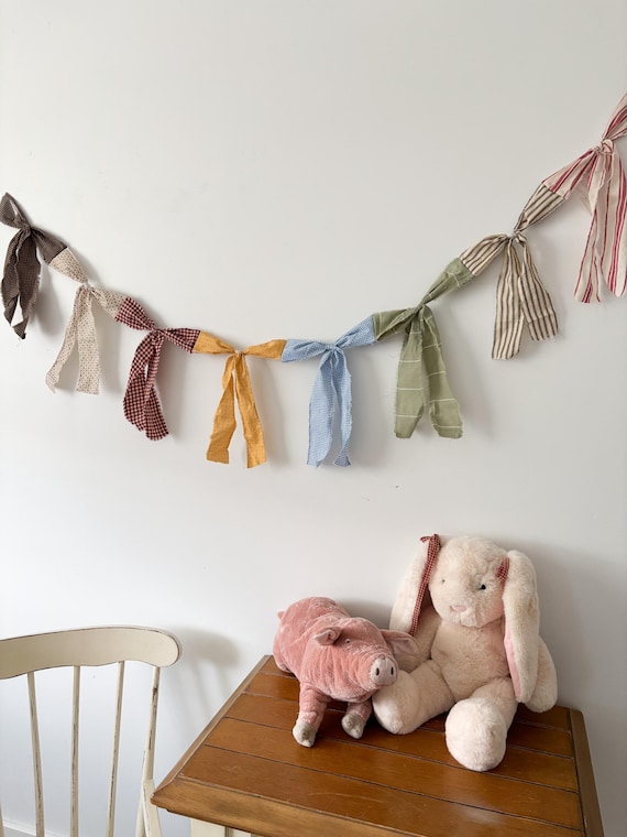 Handmade Cottagecore Bow Garland Banner | Heirloom Nursery Decor, Vintage Gingham Fabric