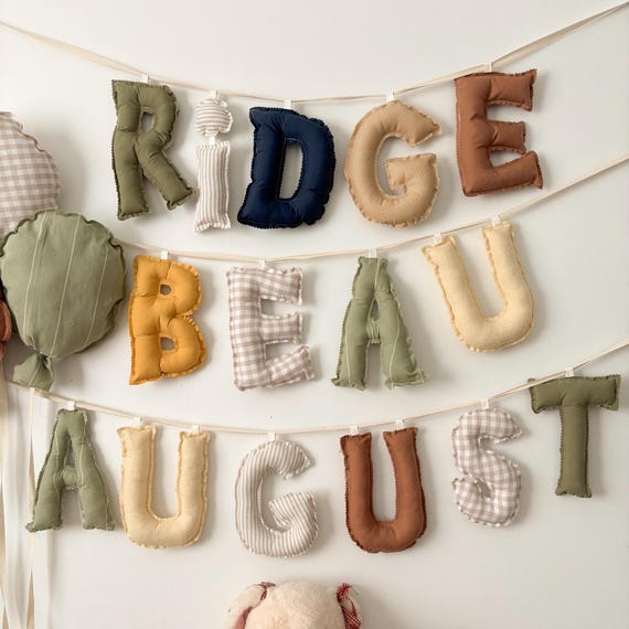 Stuffed Fabric Name Banner | Cottagecore Nursery Decor, Heirloom Playroom Garland | Neutral earth tones