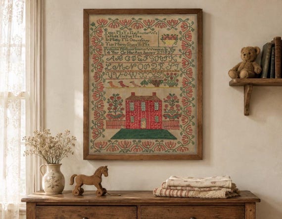 Antique Alphabet Sampler Print, 1837 Needlework Wall Art, Red House Embroidery, Folk Art Nursery Decor, Vintage Sampler, 5x7 8x10 11x14