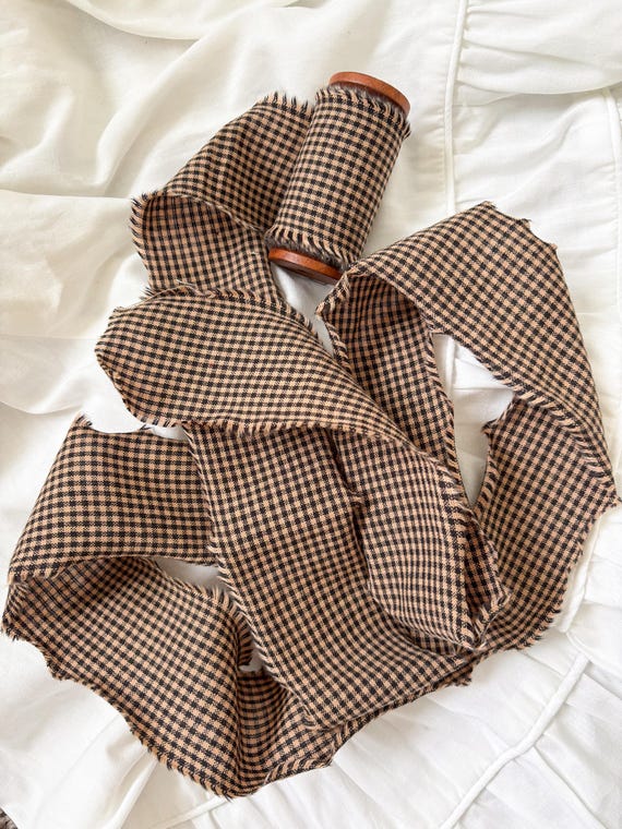 Brown Gingham Fabric Ribbon – Hand Torn Cotton, Wooden Spool (2" x 4 Yards)