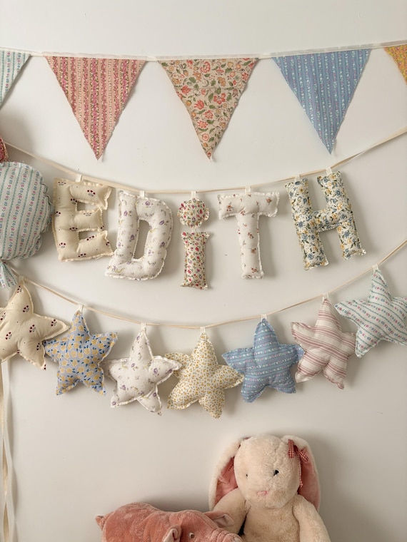 Stuffed Fabric Name Banner | Pink Floral Nursery Decor, Heirloom Girly Playroom Garland