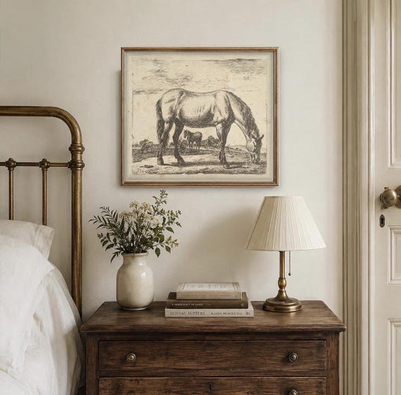 Vintage Horse Etching Print, 17th Century Dutch Art, Grazing Horse Wall Art, Antique Equestrian Print, Neutral Farmhouse Decor