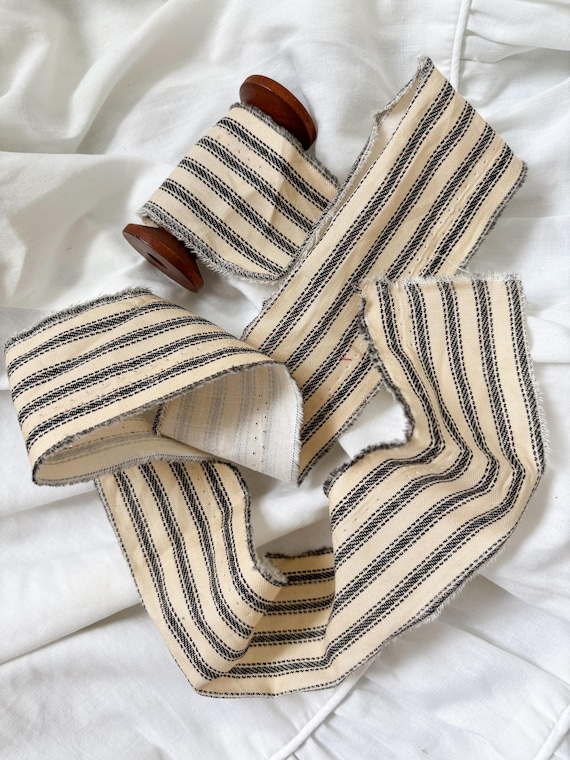 Cream Striped Cotton Ribbon – Hand Torn Frayed Edges, Wooden Spool (2" x 4 Yards)