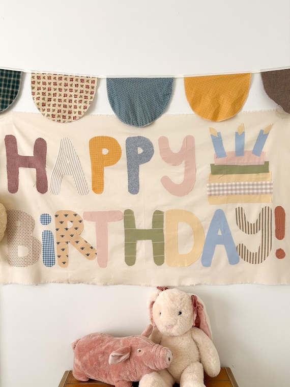 Fabric Happy Birthday Banner | Cottagecore Heirloom Party Decor | Birthday Banner with Cake