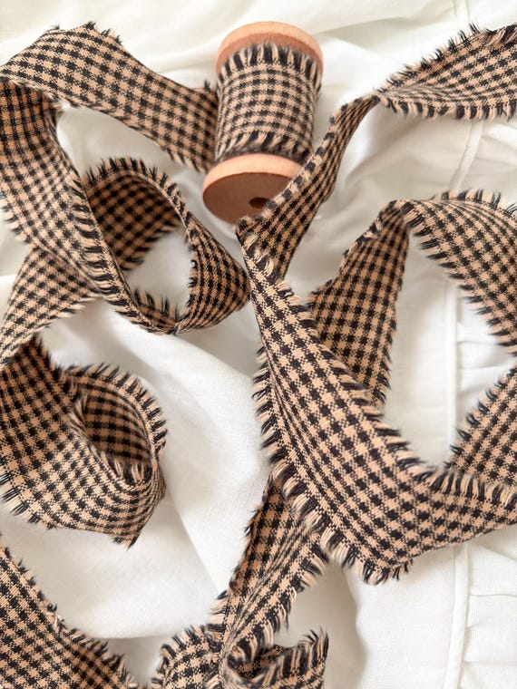 Brown Gingham Fabric Ribbon – Hand Torn Cotton, Frayed Edges, Wooden Spool