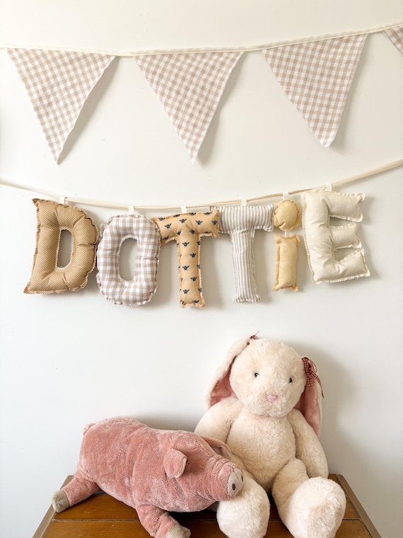 Stuffed Fabric Name Banner | Cottagecore boho neutral Nursery Decor, Heirloom Playroom Garland