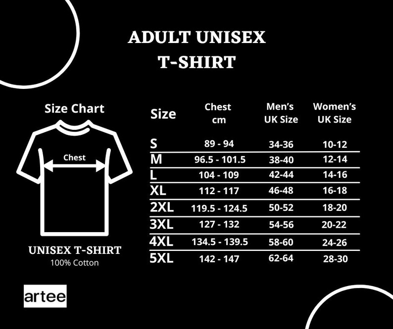 May include: A black graphic showing a size chart for adult unisex t-shirts. The chart includes chest measurements in centimeters, UK sizes for men and women, and sizes ranging from S to 5XL. The text "ADULT UNISEX T-SHIRT" is at the top.