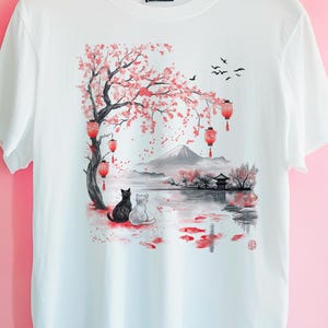 Japanisches Katzenliebhaber T-Shirt – Vintage japanische Kunst mit Katzen und Landschaften