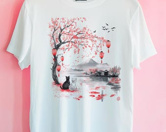 Japanese Cat Lover T-Shirt – Vintage Japanese Art with Cats and Landscapes