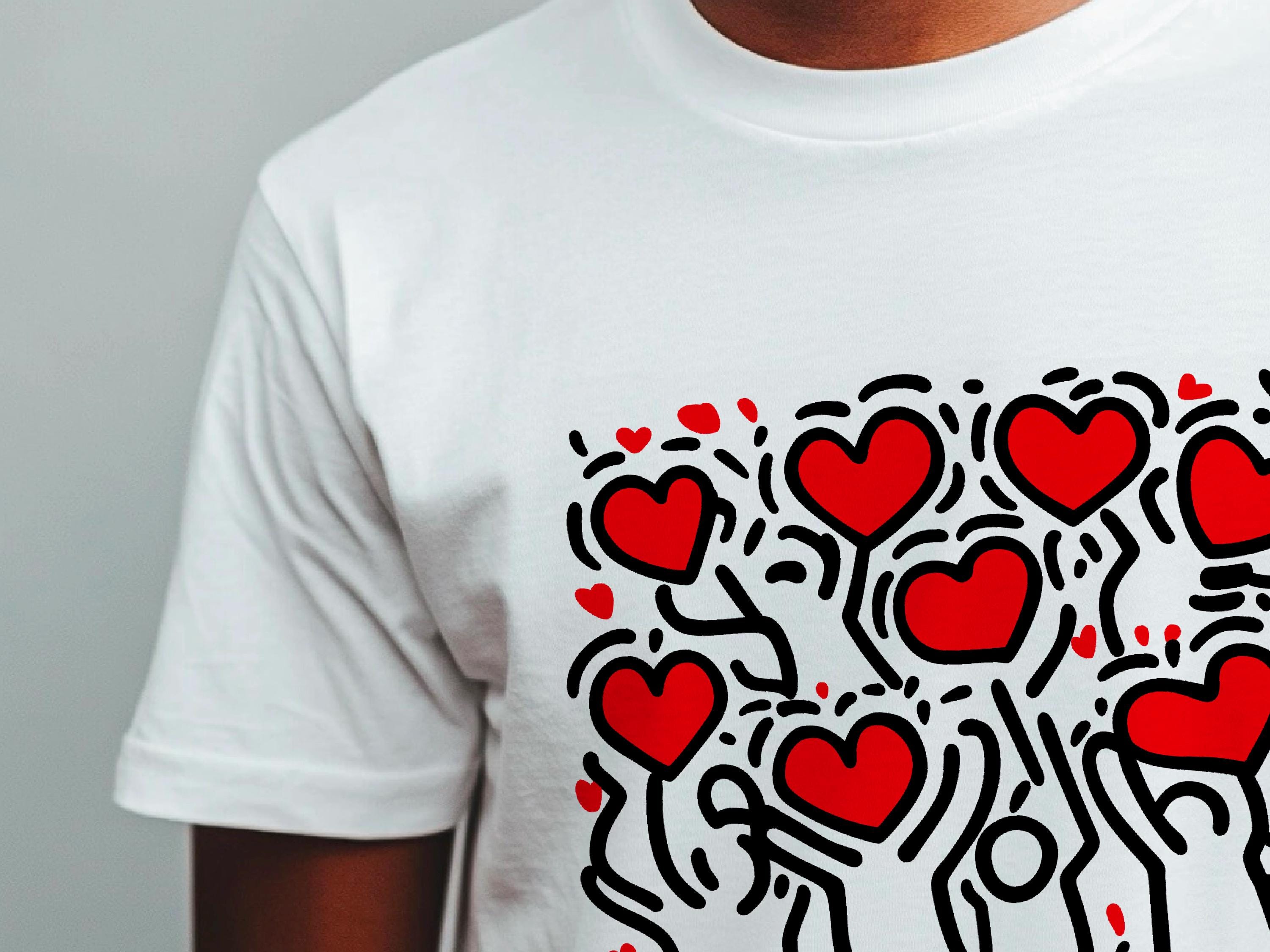 Keith Haring Clothing | Colorful Keith Haring Print T-Shirt, Heart Art, Valentine T-Shirt, Unisex Fashion, Casual Style