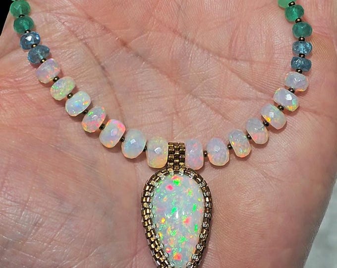 Featured listing image: Ethiopian Opal Pendant Necklace: Apatite, Emerald, Chrysoprase, and Multicolored Sapphire Gemstone Beads