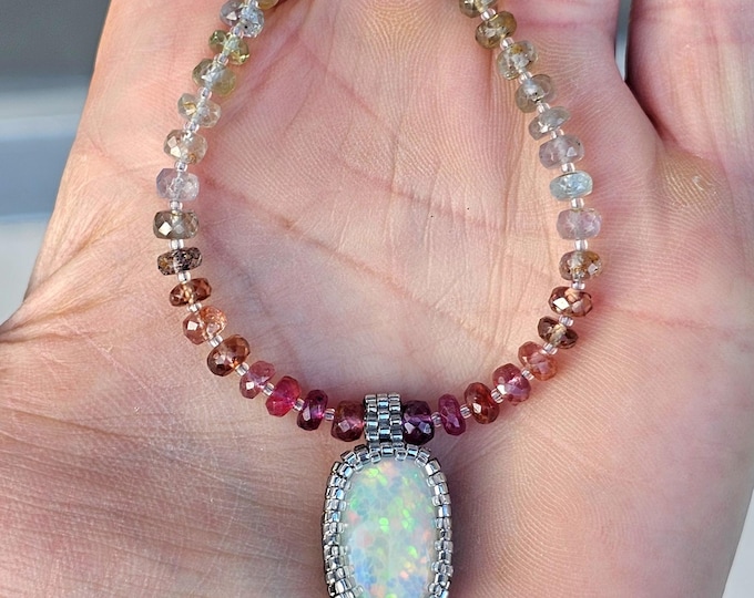 Featured listing image: Ethiopian Opal Pendant, Honeycomb Pattern: Multicolored Sapphire Gemstone Beaded Necklace