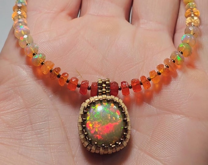 Featured listing image: Dark, Honeycomb Ethiopian Opal Pendant: Mexican Fire Opal, Sapphire, Emerald Gem Beads