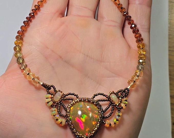 Featured listing image: Ethiopian Opal Pear Pendant: Citrine, Sapphire, Hessonite Beaded Necklace
