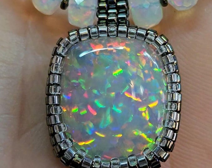Featured listing image: Ethiopian Opal Pendant in Seed Beaded Bezel: Opal Gem Bead Necklace, Sterling Silver Clasp