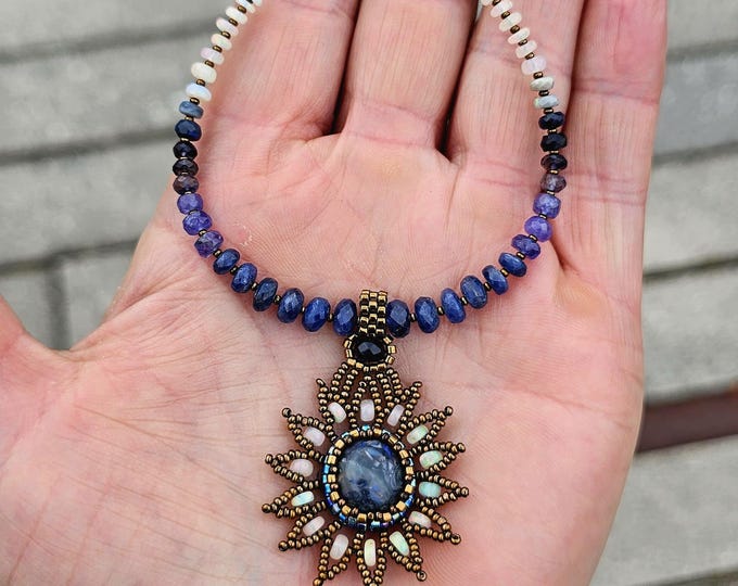 Featured listing image: Solid, Precious, Australian Black Opal with a Gorgeous Tanzanite Drop. Shaded Grey to Black Lightning Ridge, Moss Kyanite, Tanzanite Beads.