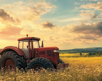 May include: A vintage red tractor sits in a field of yellow wildflowers under a cloudy sky at sunset. The tractor has large tires and a cab. The scene evokes a sense of rural life and agriculture.