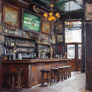 Irish Pub Wall Art – Vintage Bar Interior Print, Rustic Tavern Painting for Home Bar Decor