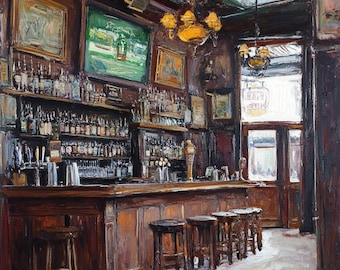 Vintage Irish Pub Print: Rustic Tavern Painting for Home Bar