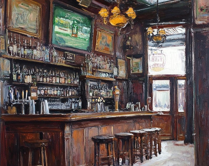 Vintage Irish Pub Print: Rustic Tavern Painting for Home Bar