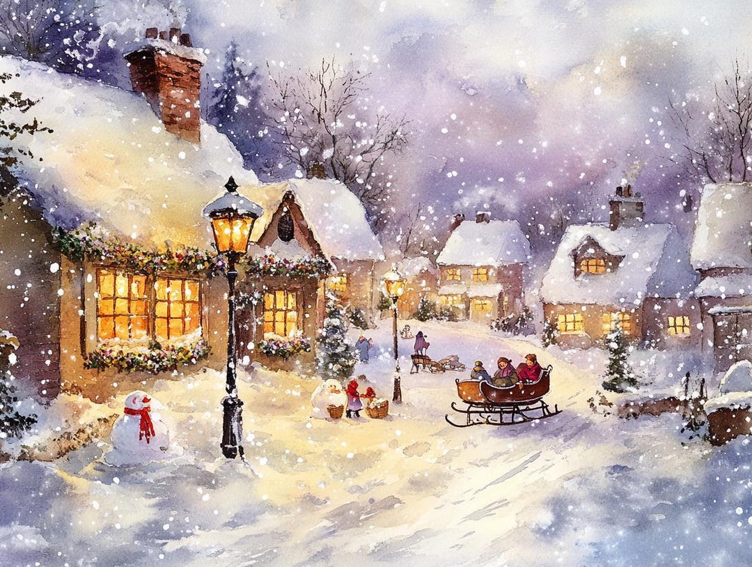 Cozy Winter Village Watercolor Print | Snowy Christmas Cottage Scene ...