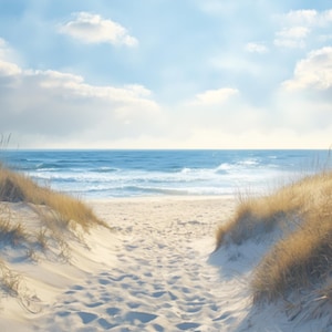 May include: A serene beach scene with a sandy path leading to the ocean. The sky is a bright blue with fluffy white clouds. Tall, golden-brown grasses frame the path, creating a natural border. The water is a deep blue.