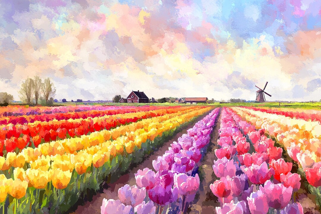 Colorful Tulip Field Canvas Print: Dutch Windmill Landscape Art - Etsy