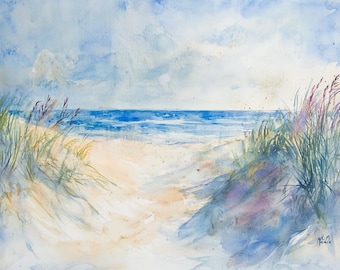 May include: Watercolor painting of a beach scene. The artwork depicts a sandy path leading to the ocean under a cloudy sky. Tall grasses and dune vegetation frame the path. The ocean is a deep blue, and the sky is a mix of blues and whites.