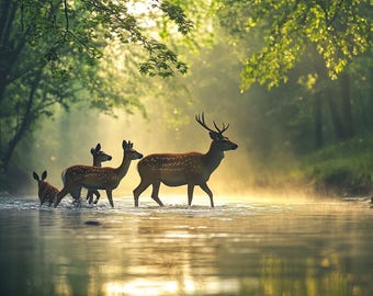 Impresión de una familia de ciervos serenos: arte mural rústico con naturaleza de bosque