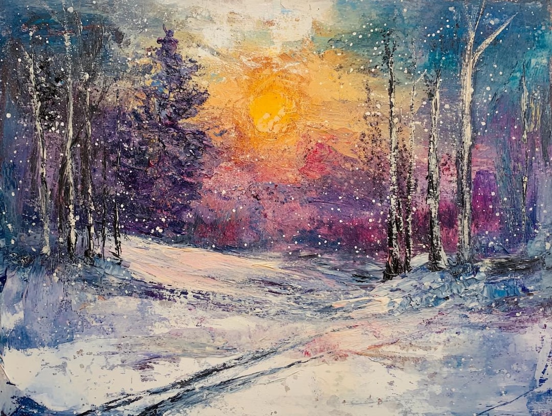 Winter Wonderland Sunset Painting | Vibrant Snowy Landscape Wall Art ...