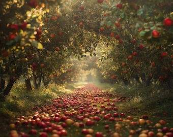 Golden Apple Orchard Sunset Print – Rustic Farmhouse Wall Art