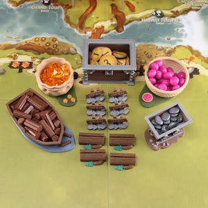 Everdell resource holders on a game board: a pouch, boat, mine cart, berry basket and a coin chest. The models have their respective tokens in them. Between them there are 6 open signs and 4 log shaped event card holders.
