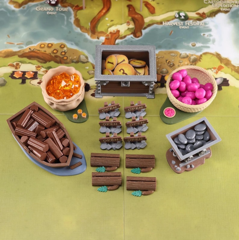 Everdell resource holders on a game board: a pouch, boat, mine cart, berry basket and a coin chest. The models have their respective tokens in them. Between them there are 6 open signs and 4 log shaped event card holders.