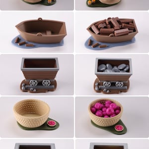 A 5 by 2 photo grid showing Everdell resource holders: a pouch, boat, mine cart, berry basket and a coin chest. The ones on the left are empty, the right column shows the models with tokens in them.