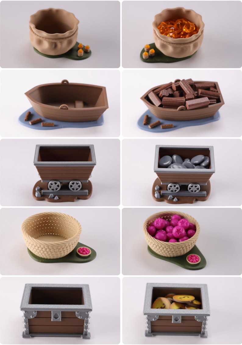 A 5 by 2 photo grid showing Everdell resource holders: a pouch, boat, mine cart, berry basket and a coin chest. The ones on the left are empty, the right column shows the models with tokens in them.