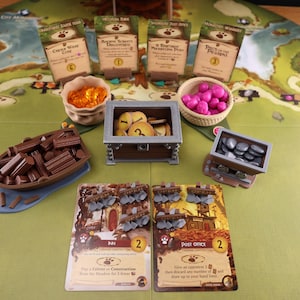 A full set of resource holders, open signs and card holders on an Everdell game board with resources in them.