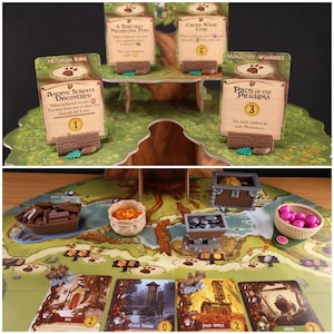 Top half of the image shows 4 log shaped event card holders . Bottom half is Everdell resource holders on a game board: a pouch, boat, mine cart, berry basket and a coin chest. Also there are 6 open signs.