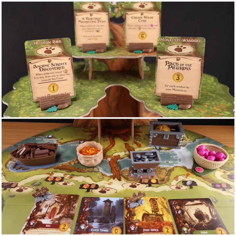 Top half of the image shows 4 log shaped event card holders . Bottom half is Everdell resource holders on a game board: a pouch, boat, mine cart, berry basket and a coin chest. Also there are 6 open signs.
