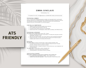 May include: A white resume template with the text "EMMA SINCLAIR" and "ATS FRIENDLY" in a modern font. The resume includes sections for professional summary, core skills, experience, education, and certifications. A gold pen rests on the right side of the image.