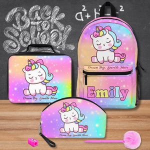 Dream Big Unicorn Backpack Set – Custom Name School Bag, Pencil Case & Lunch Bag – Dream Big Sparkle More – Back to School Gift for Girls