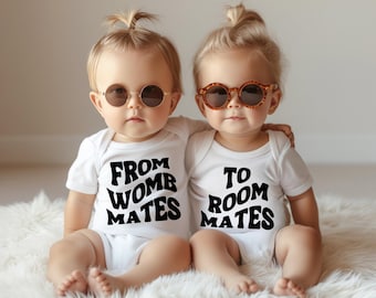 Former Womb Mates Twin Baby Bodysuits: From Womb Mates to Room Mates – Retro Wavy Fonts Bodysuits - Available in 4 Colors (Sold Separately)