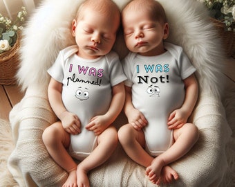 Funny Pink & Blue Twins Surprise Pregnancy Reveal Bodysuit Set - I Was Planned Happy Face/ I Was Not Cringe Face - Gift for Mother of Twins