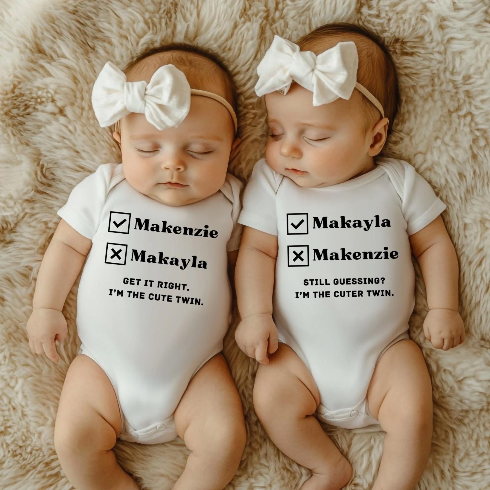 Funny Personalized Matching Twin Baby Bodysuits | Custom Name Twin Outfits | Checkbox Mixup Cute & Cuter Twin Design | Cute Baby Shower Gift