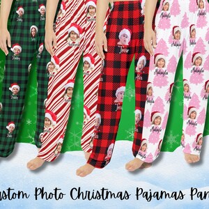 May include: Custom photo Christmas pajama trousers in green plaid, red and white stripes, red and black buffalo check, and white with pink Christmas trees. Each pair features personalized faces and names.