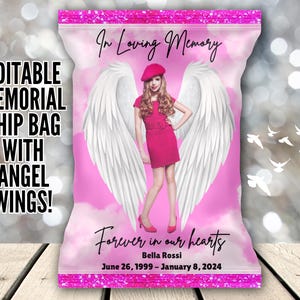Modelo de saco de chip memorial editável com asas de anjo, fundo de céu rosa celestial e borda de glitter rosa – arquivo digital faça você mesmo, download instantâneo