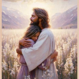 Liefde van de Verlosser, moderne christelijke kunst, Jezus knuffelt meisje, Jezus kunst aan de muur, LDS-kunst, afdrukbare bijbel, Jezus met meisje, christelijke afdrukbare kunst
