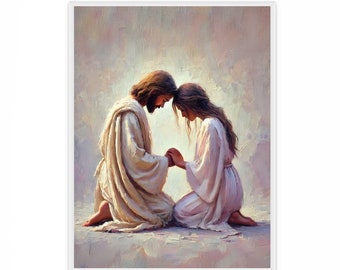 May include: A painting of a man and a woman kneeling and holding hands. They are both wearing white robes and have their heads bowed in prayer. The background is a soft, muted color.